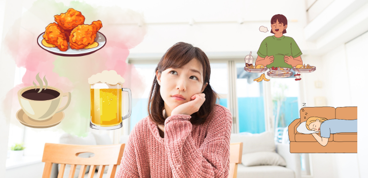 食後に咳が出る原因を考えている様子