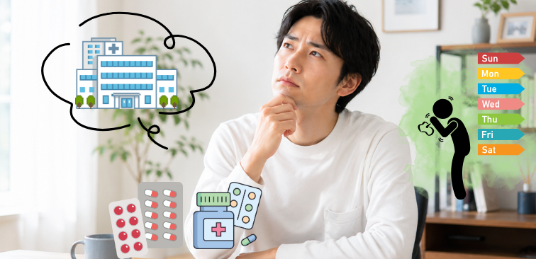 咳の市販薬を長期間使い続けて良いか悩んでいる男性