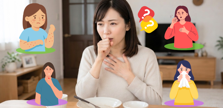 食後の咳の原因として食物アレルギーや後鼻漏、咳喘息などを考えている様子