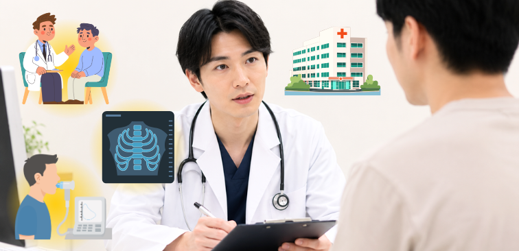咳が続いている男性が医師に相談している様子