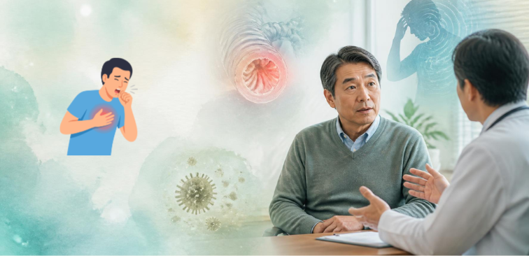 喘息症状を医師に相談している様子