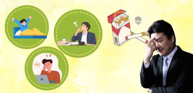 禁煙中の男性が喫煙したくなる習慣を思い出している様子