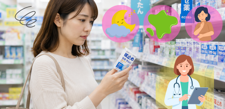 市販薬を持ち購入を悩んでいる女性