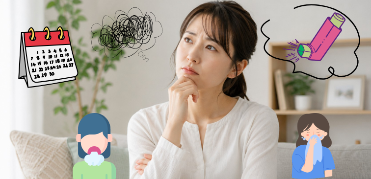 痰が増えた原因を考えて悩んでいる女性
