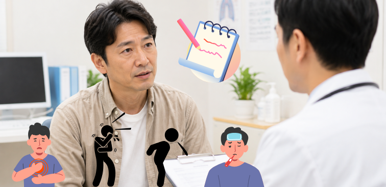 痰が出る原因を考え、医師に相談している様子
