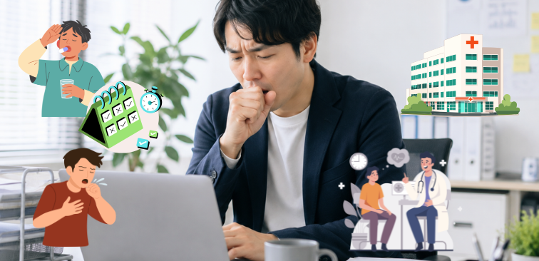 乾いた咳が止まらず職場で困っている男性