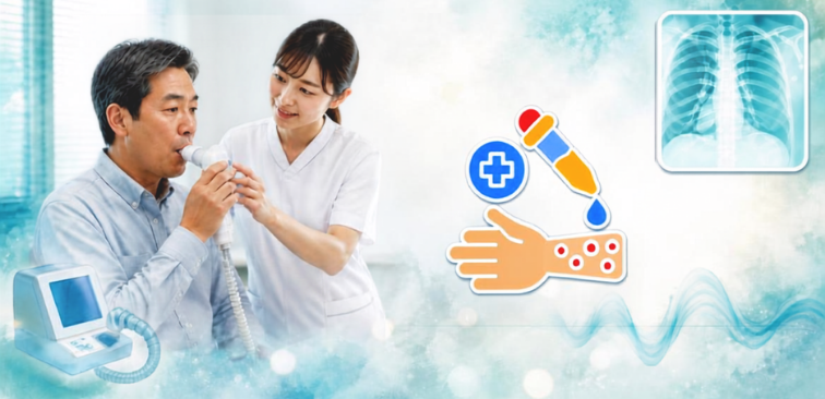 呼吸器内科を受診し呼吸器検査やアレルギー検査を行っている様子