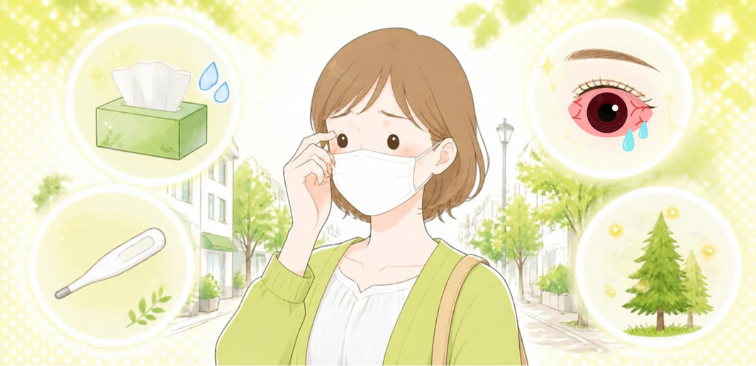 花粉によりアレルギー反応を起こしている女性