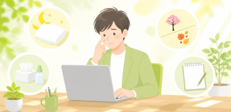花粉症の症状が続き仕事に集中できず困っている男性