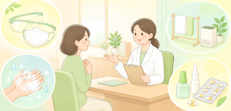 花粉症の症状を和らげる工夫と対策について医師と話している女性