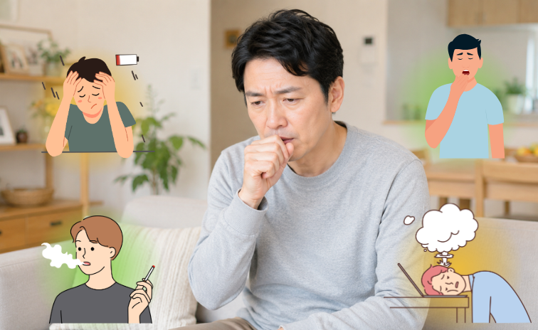 咳をしながら、咳の原因について考えている男性