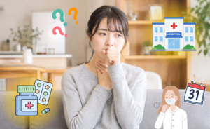 とまらない咳の原因について考えている様子