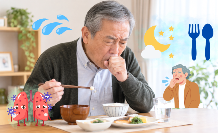 食事中に咳込んでいる様子の高齢男性